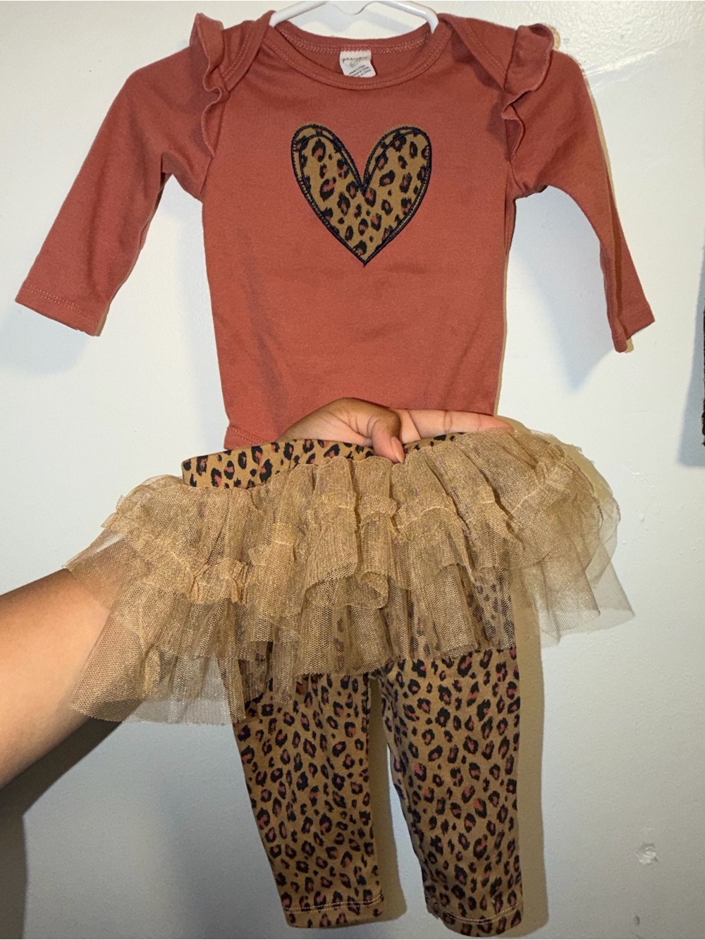 Rust Heart Ruffled Shoulder Baby Top with Leopard Tulle Leggings Set
